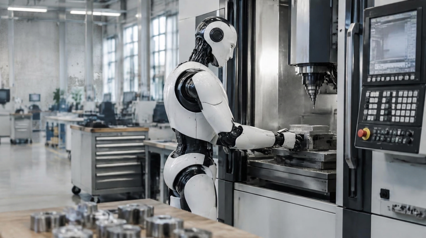 Humanoid robot tending a CNC machine in a modern manufacturing hall