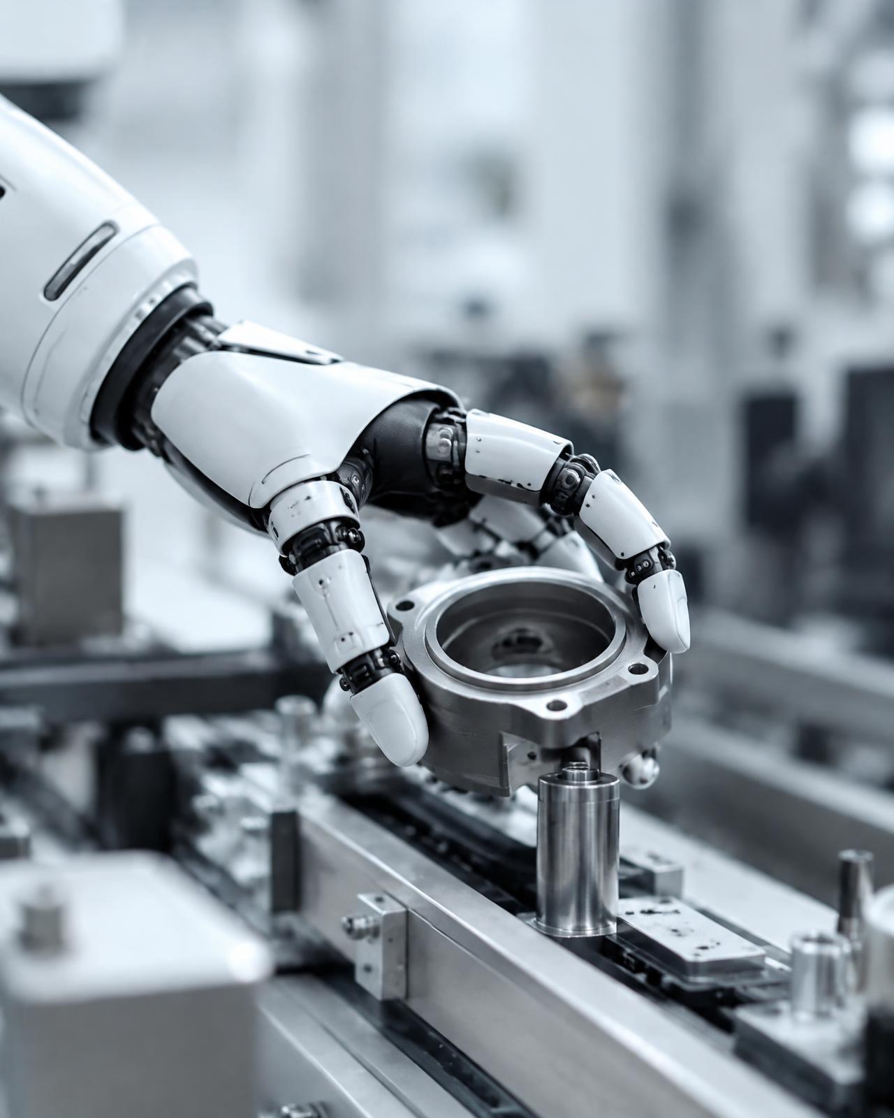 Robotic hand handling a machined metal part